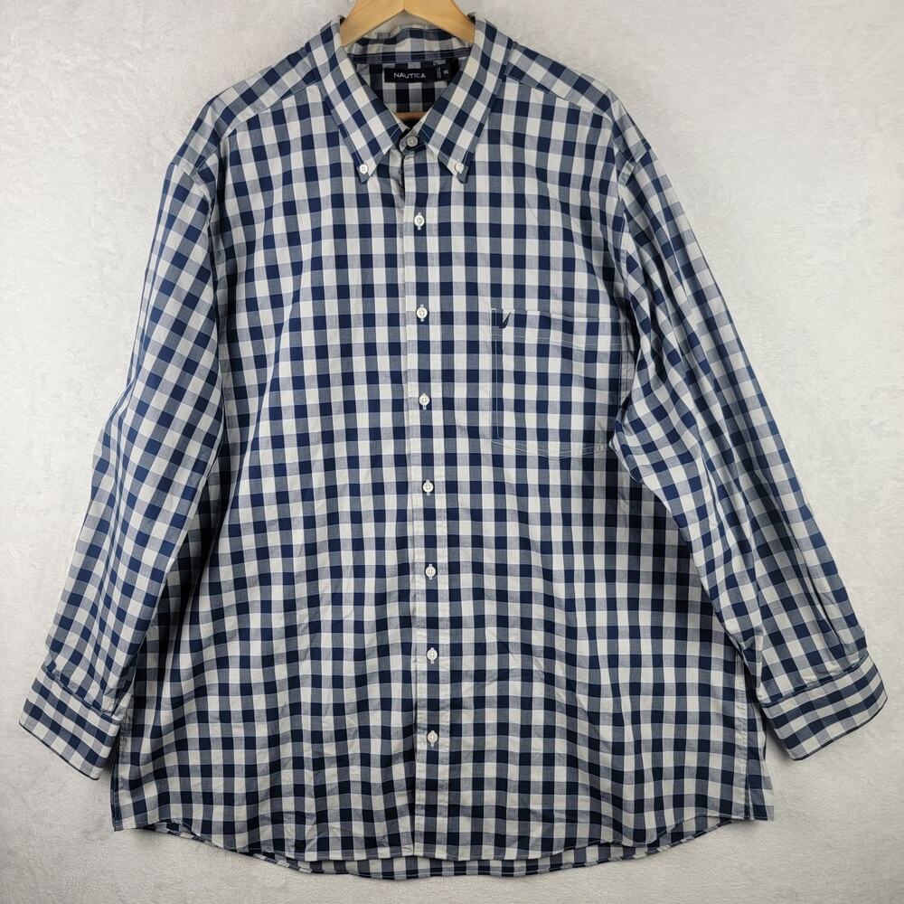 Men 3X Long Sleeve Shirt Button Down Collard Blue Plaid Cotton Preppy Office